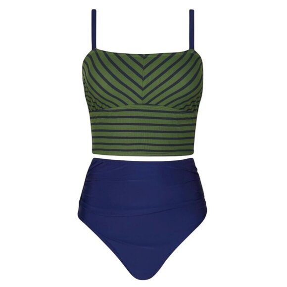 Cupshe Women’s 2-Piece Swimsuit M Green Blue Striped Crop Top High Waisted Bikin - Picture 4 of 9
